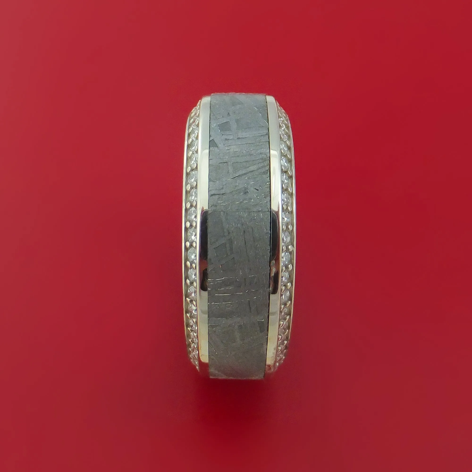 14K White Gold Ring with Meteorite Inlay and Eternity Set Diamonds Custom Made Band