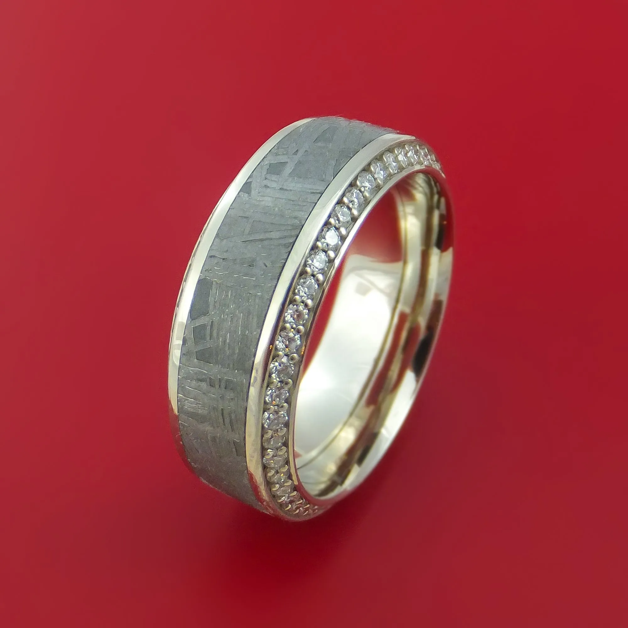 14K White Gold Ring with Meteorite Inlay and Eternity Set Diamonds Custom Made Band