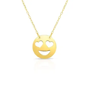 14kt Gold 16 inches Yellow Finish Chain:0.8mm Center Round Pendant:11mm Shiny Fancy Heart Shaped Eyes Roymoji Necklace with 1 inches Extender Spring Ring Clasp