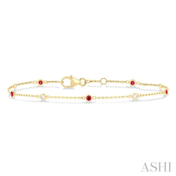 1.8 MM Ruby and 1/10 ctw Bezel Set Round Cut Diamond Precious Gemstone Station Bracelet in 14K Yellow Gold