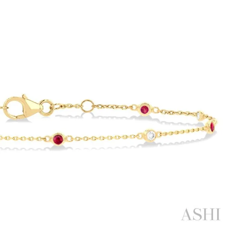 1.8 MM Ruby and 1/10 ctw Bezel Set Round Cut Diamond Precious Gemstone Station Bracelet in 14K Yellow Gold