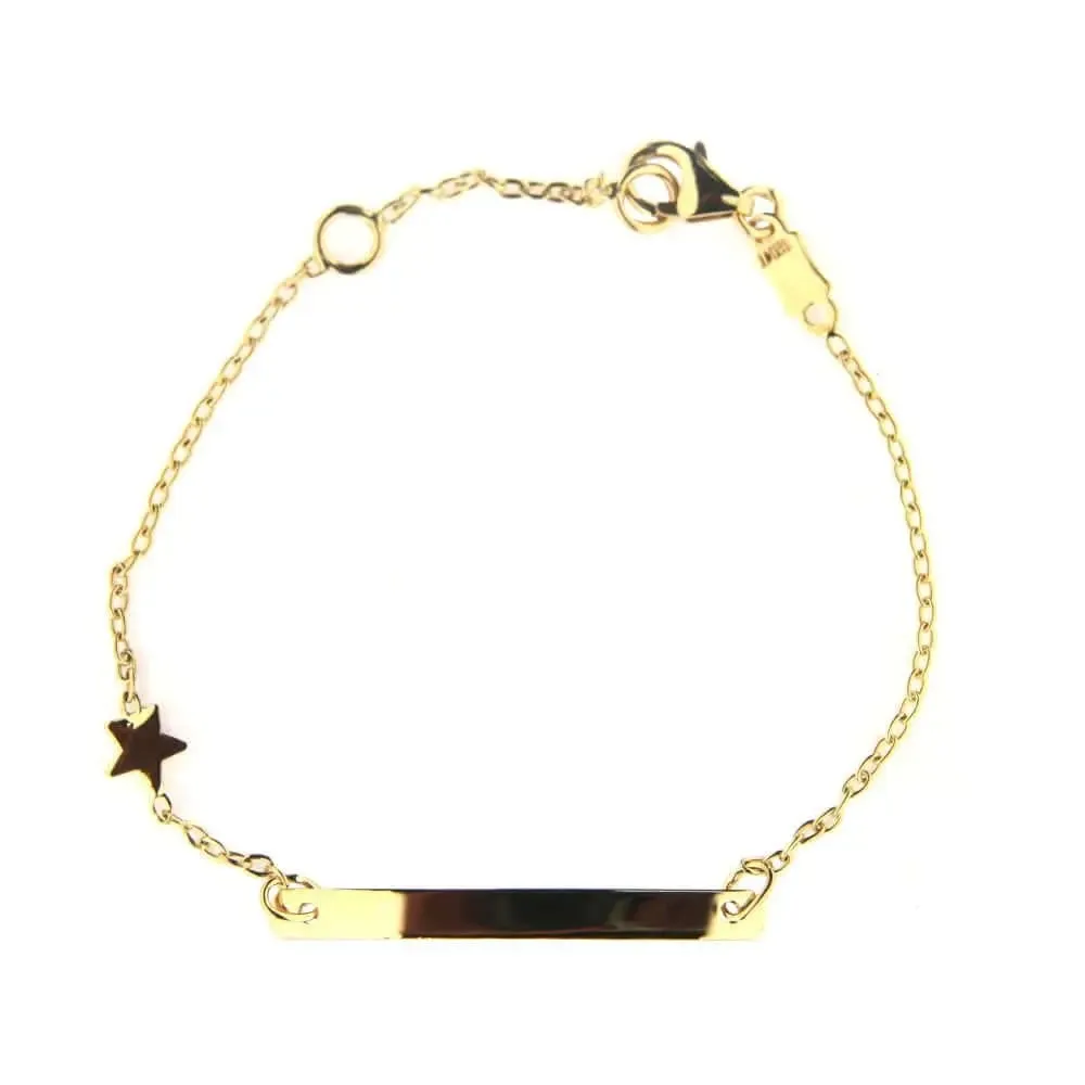 18K Solid Yellow Gold Star Thin plate Id barcelet 5.50 inches with extra ring at 4.80 inches plate 1 inche  x 0.11 inche