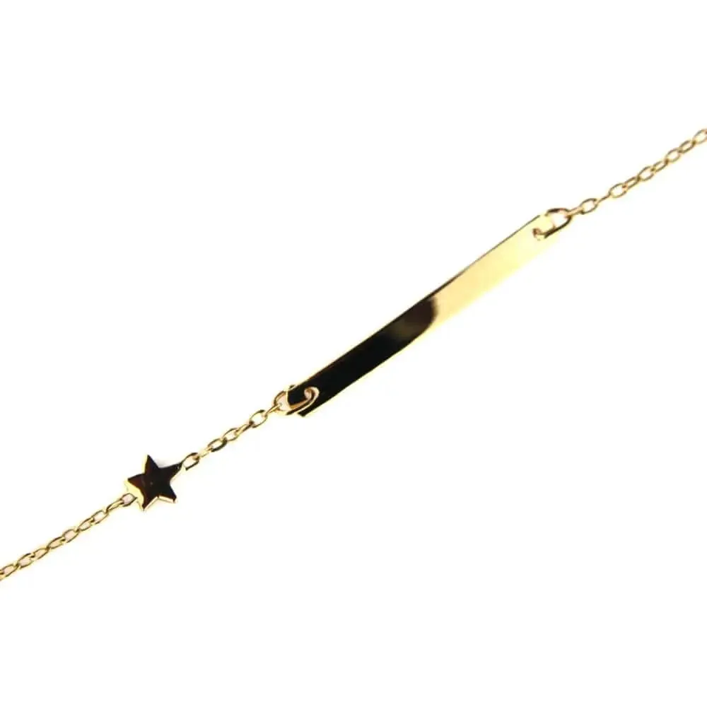 18K Solid Yellow Gold Star Thin plate Id barcelet 5.50 inches with extra ring at 4.80 inches plate 1 inche  x 0.11 inche