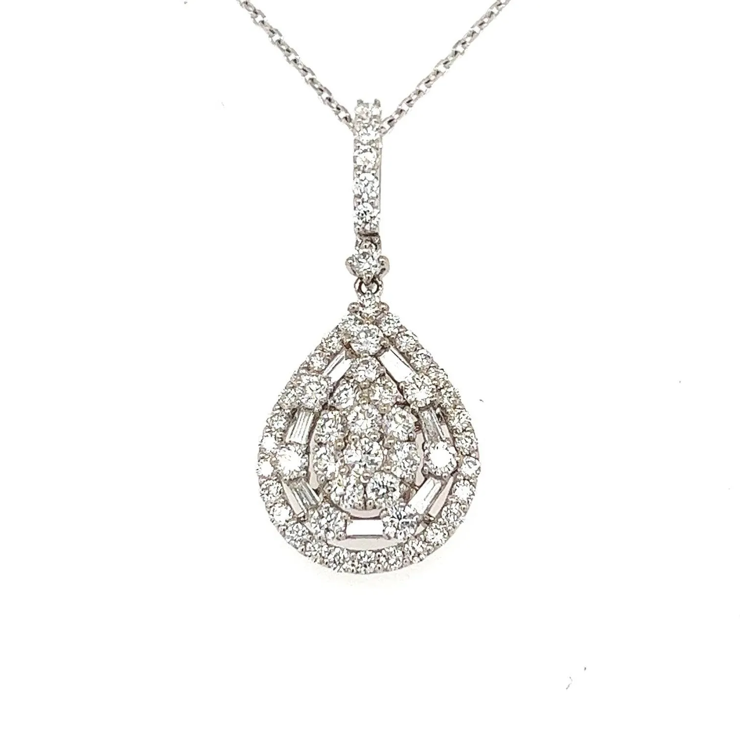 18K White Gold Diamond Pear Shaped Pendant Necklace 18"