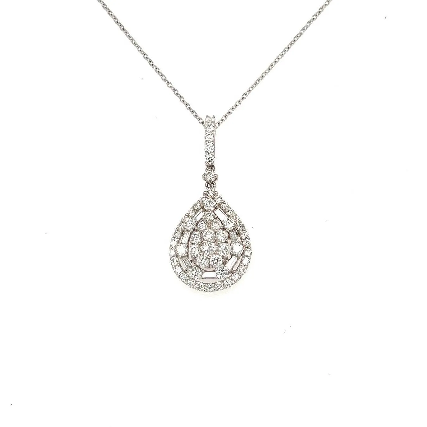 18K White Gold Diamond Pear Shaped Pendant Necklace 18"