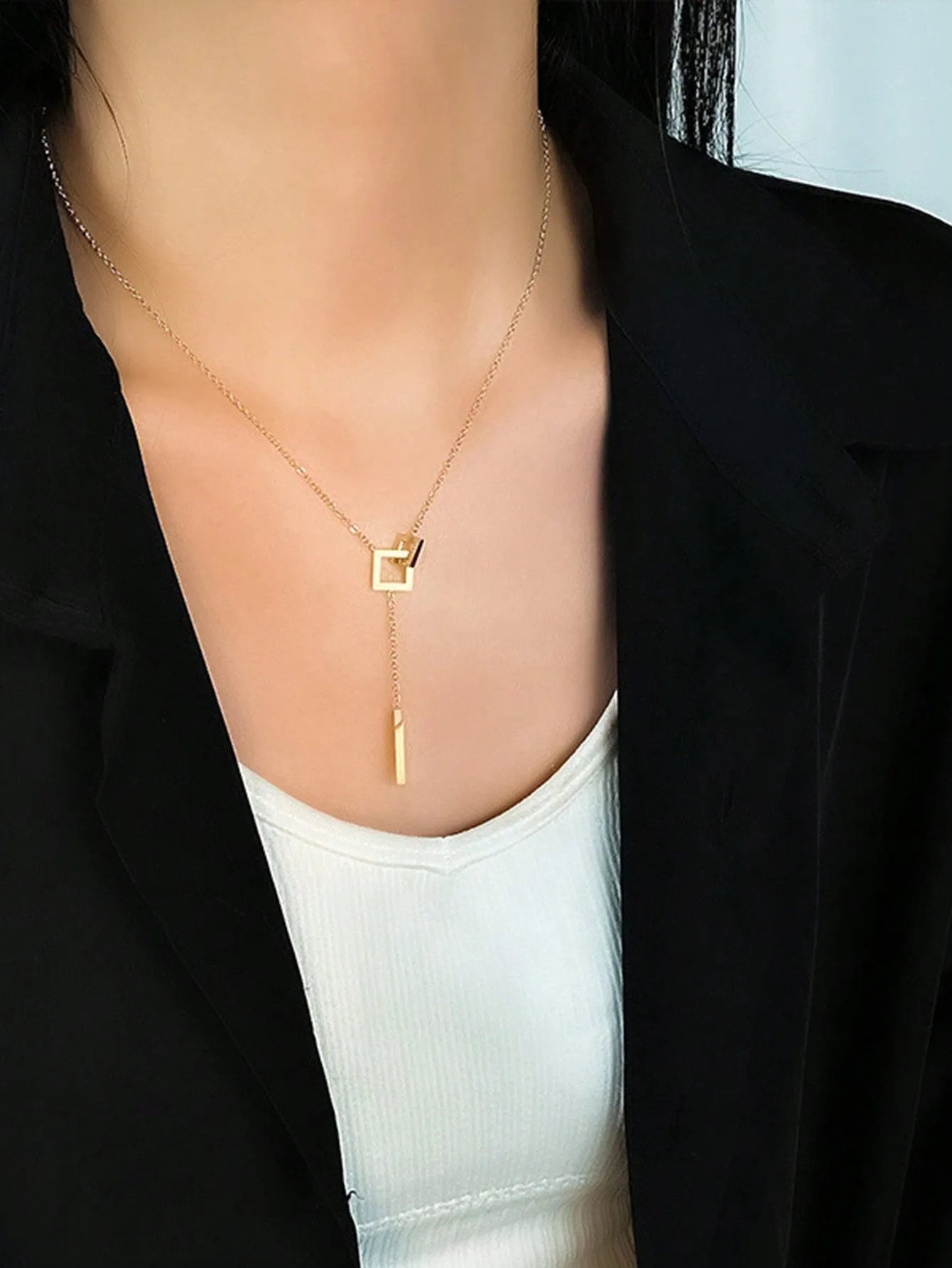 1pc Stainless Steel Simple Square Linked Geometric Long Pendant Necklace, Statement Piece