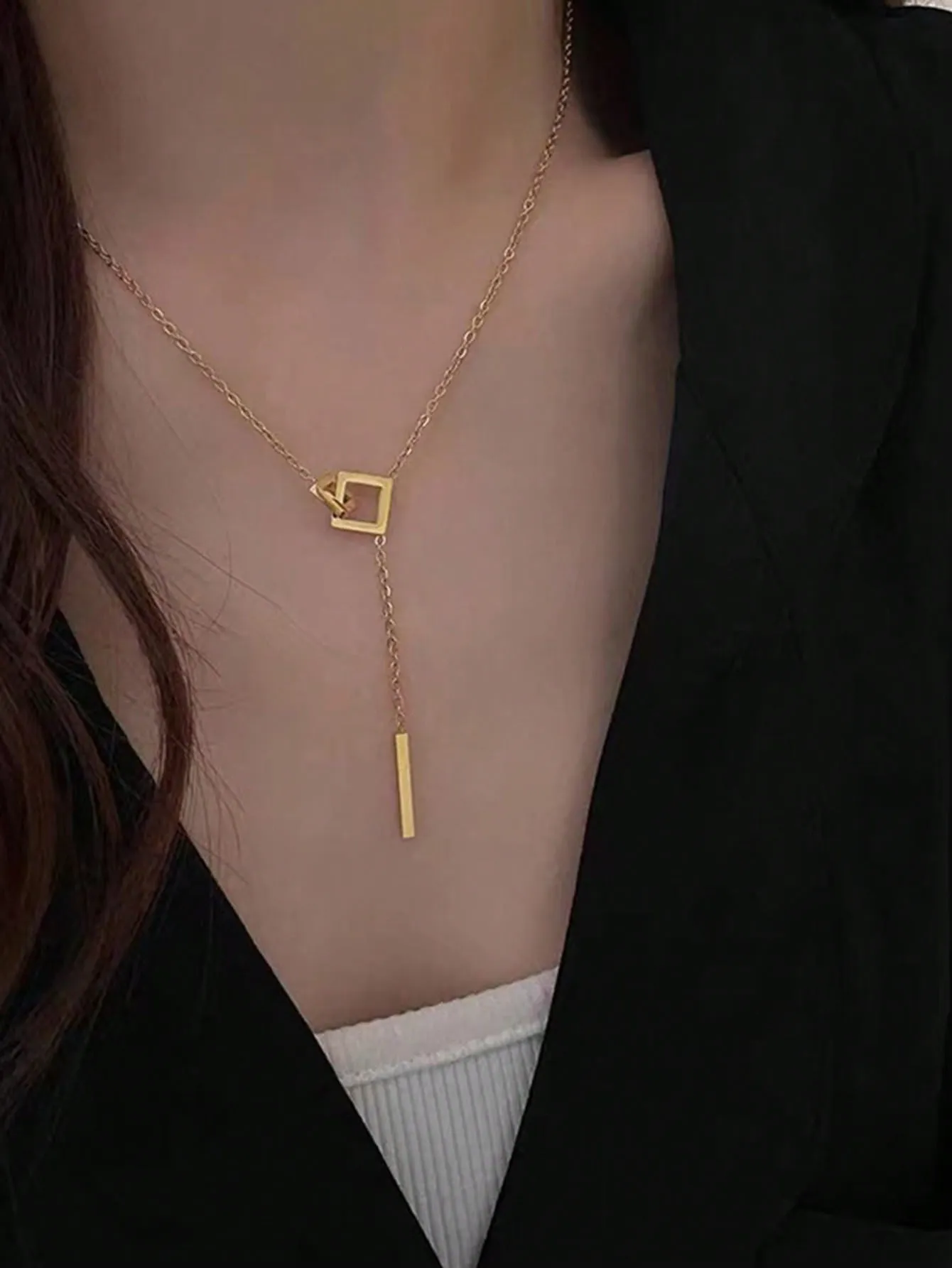 1pc Stainless Steel Simple Square Linked Geometric Long Pendant Necklace, Statement Piece