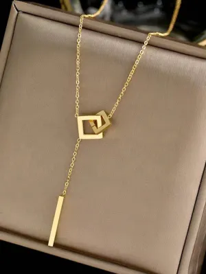 1pc Stainless Steel Simple Square Linked Geometric Long Pendant Necklace, Statement Piece