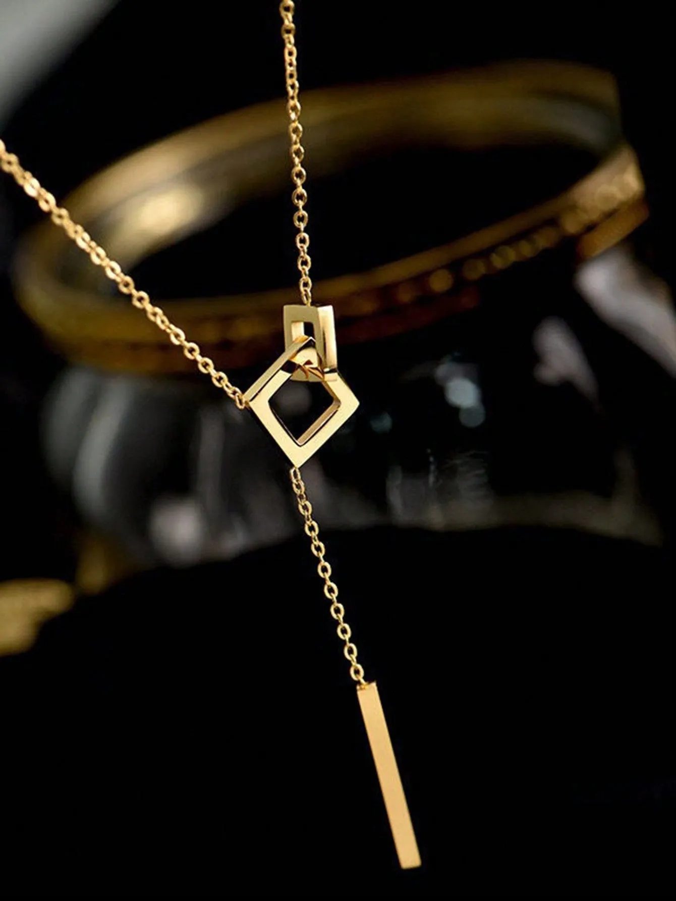 1pc Stainless Steel Simple Square Linked Geometric Long Pendant Necklace, Statement Piece