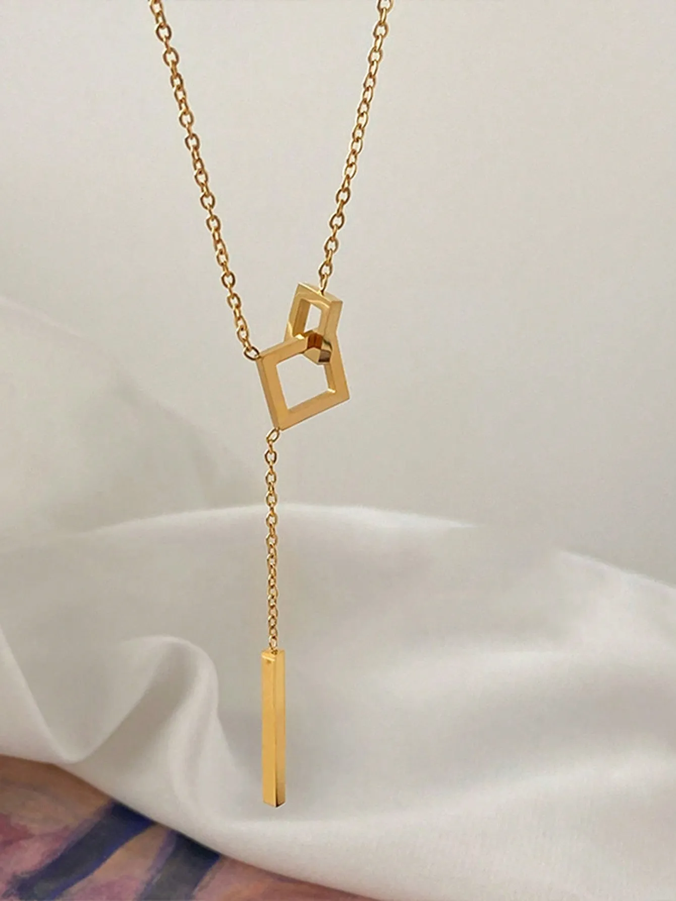 1pc Stainless Steel Simple Square Linked Geometric Long Pendant Necklace, Statement Piece