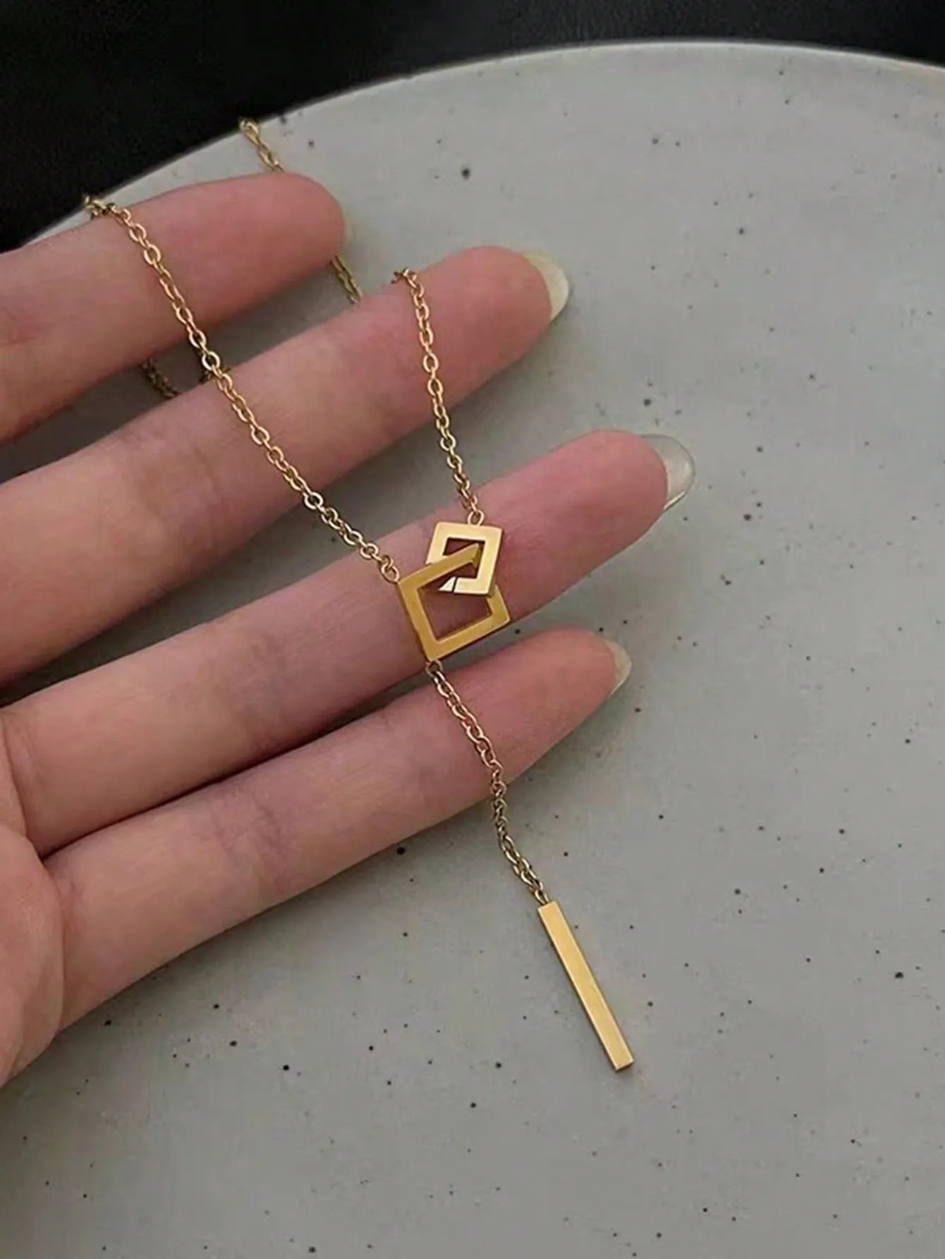 1pc Stainless Steel Simple Square Linked Geometric Long Pendant Necklace, Statement Piece