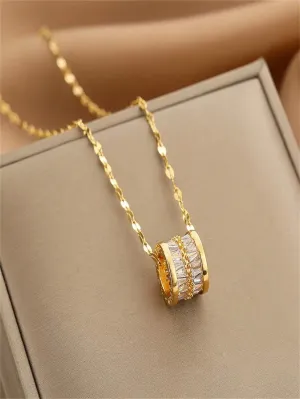 1pc Titanium Steel Necklace With Cubic Zirconia Heart, Mother Of Faux Pearl & Crescent Moon Detail For Women, Anti-Fade, Versatile And Elegant Collarbone Chain For Office Lady