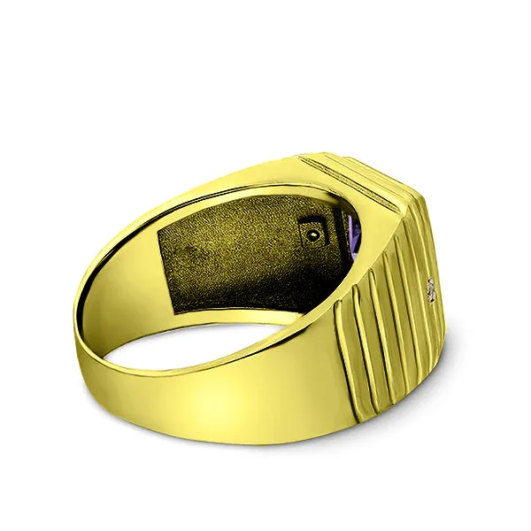 2 Diamond Accents 18K Gold Plated on 925 Solid Silver Mens Purple Amethyst Ring