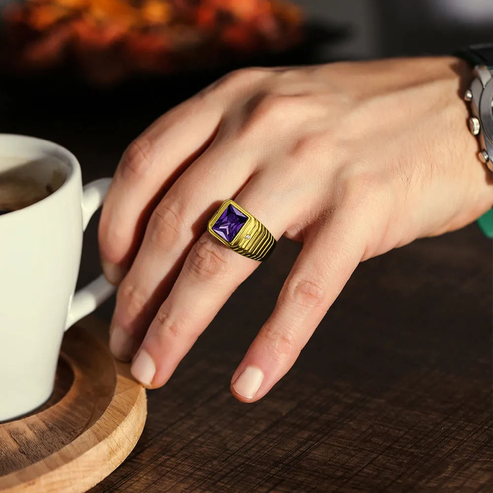 2 Diamond Accents 18K Gold Plated on 925 Solid Silver Mens Purple Amethyst Ring