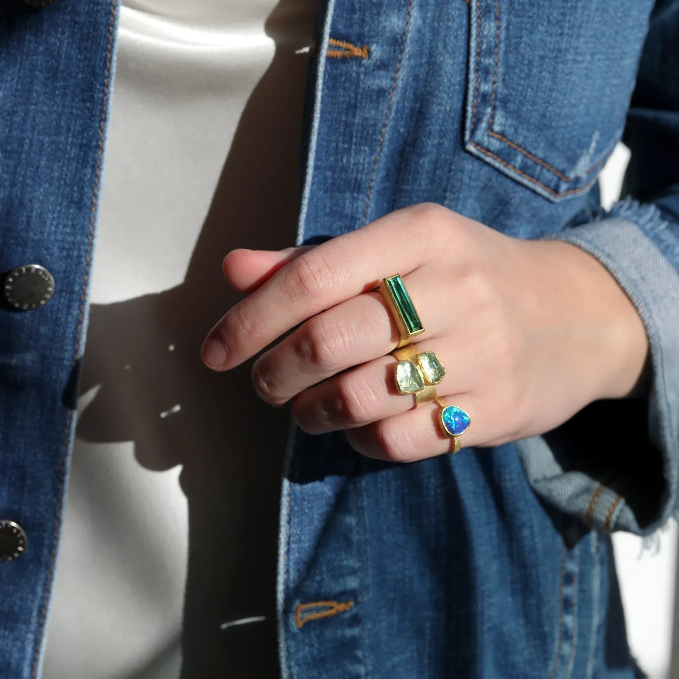 22 & 18K Gold Long Rectangular Green Tourmaline Ring