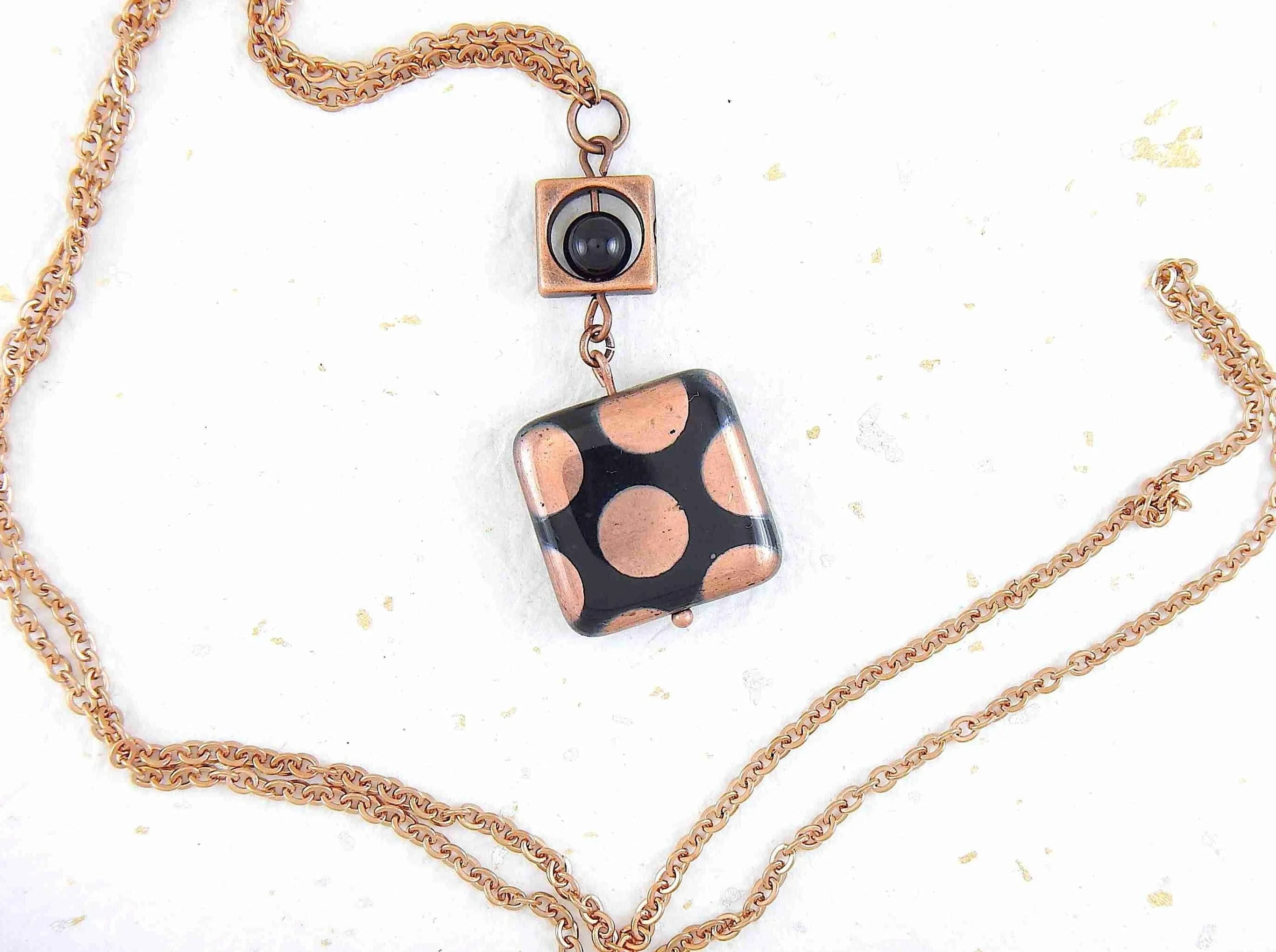 25-inch necklace with black Czech glass square, copper or silver polka dots, matching stainless steel chain