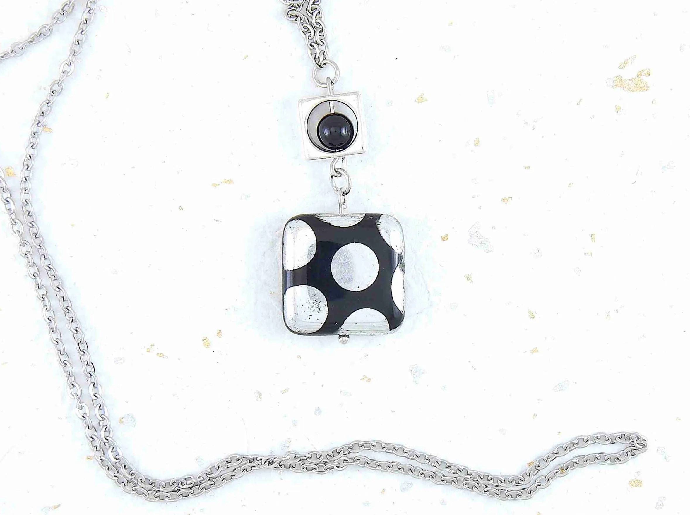 25-inch necklace with black Czech glass square, copper or silver polka dots, matching stainless steel chain