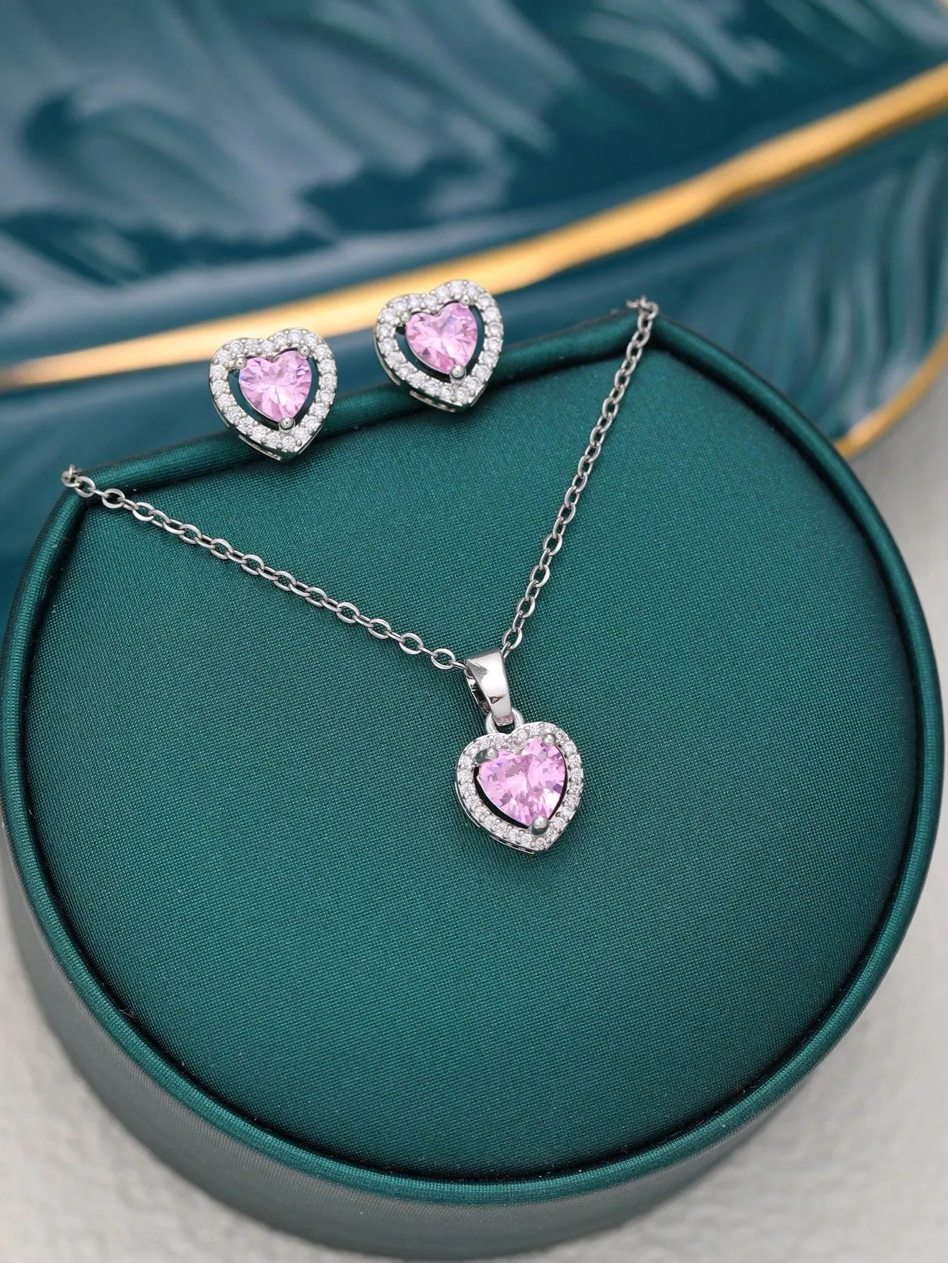 2pcs Heart-Shaped Cubic Zirconia Necklace And Earrings