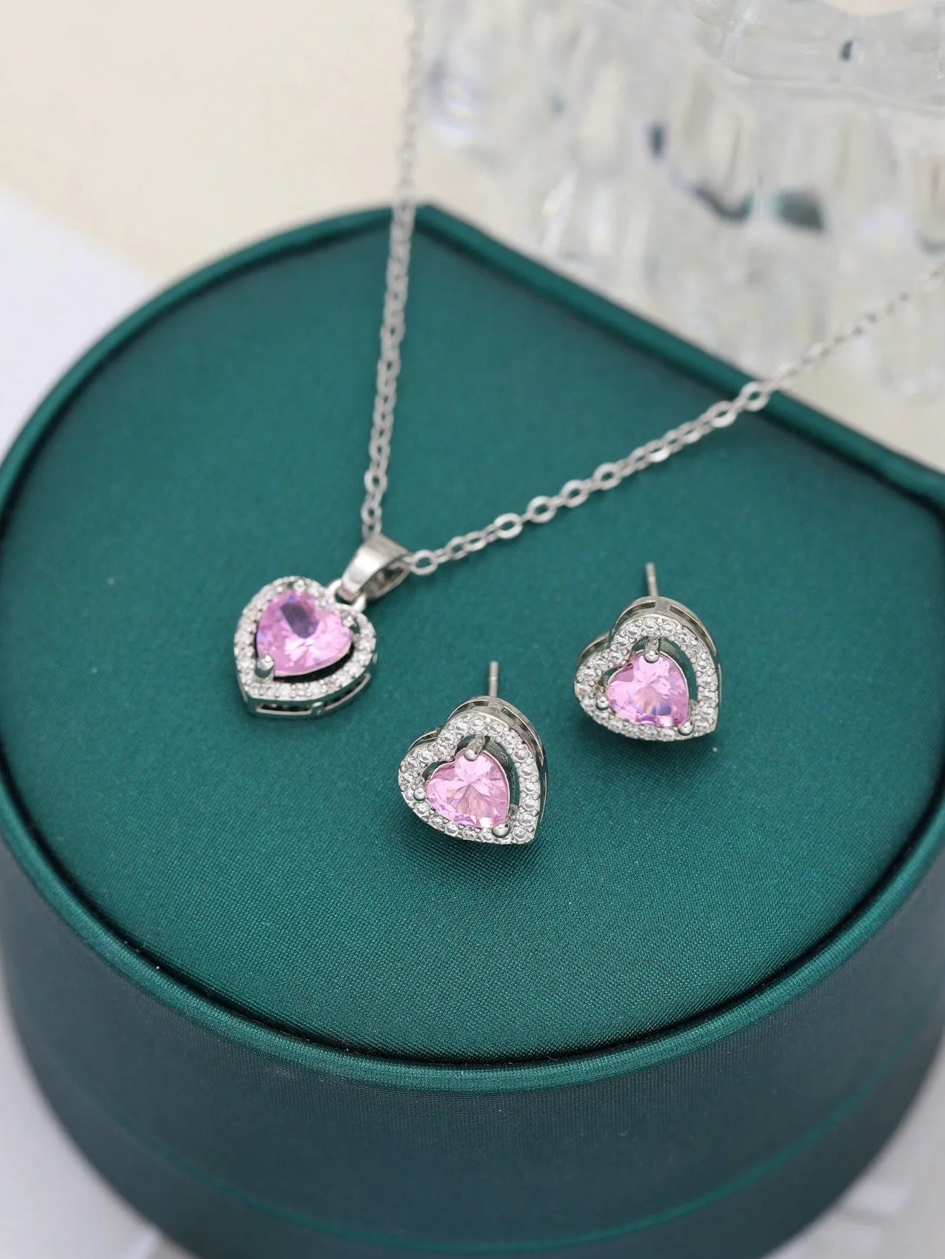 2pcs Heart-Shaped Cubic Zirconia Necklace And Earrings