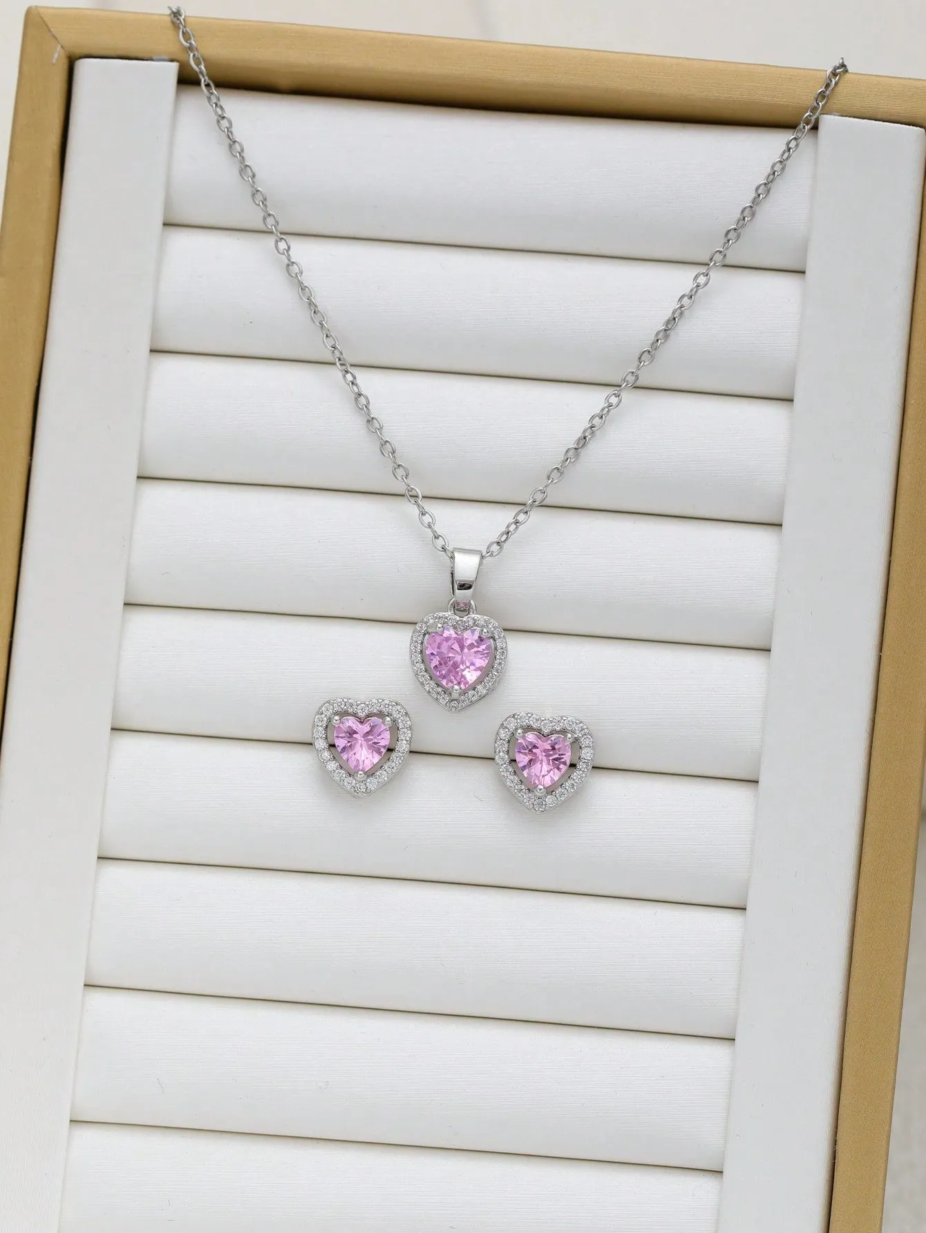 2pcs Heart-Shaped Cubic Zirconia Necklace And Earrings
