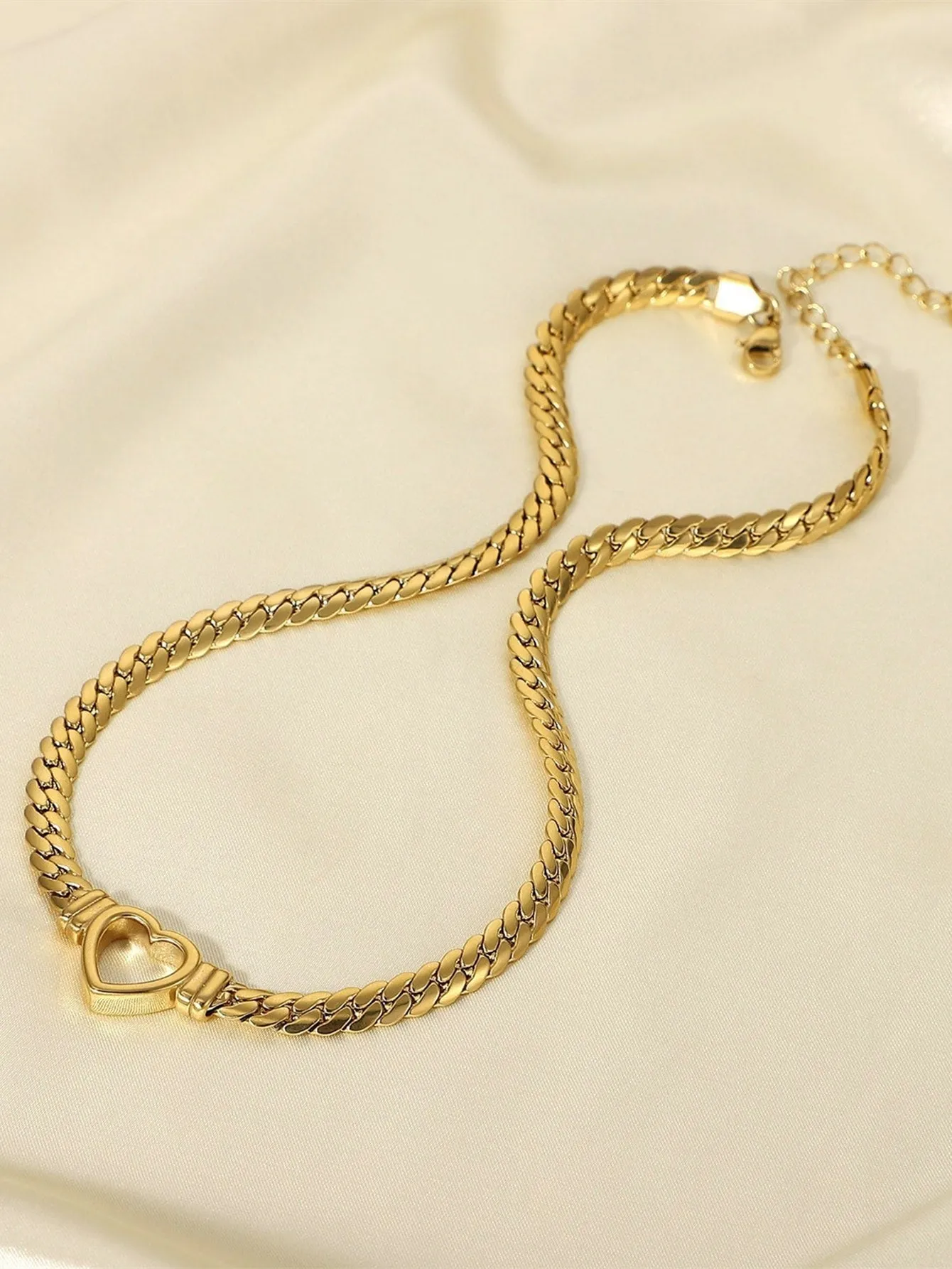 2pcs/Chain Necklace With Heart Pendant & Bracelet Jewelry Set - Gold