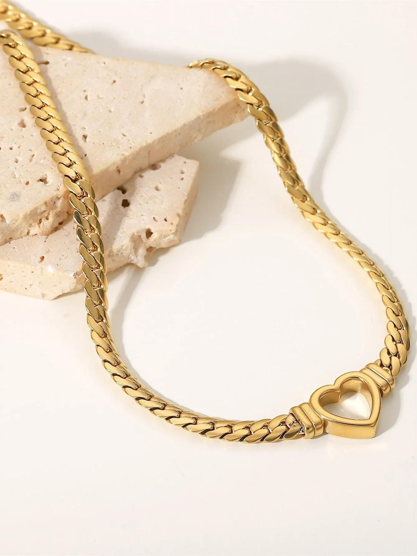 2pcs/Chain Necklace With Heart Pendant & Bracelet Jewelry Set - Gold