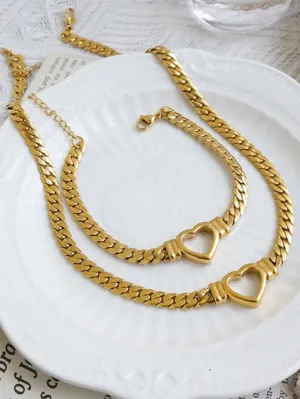 2pcs/Chain Necklace With Heart Pendant & Bracelet Jewelry Set - Gold