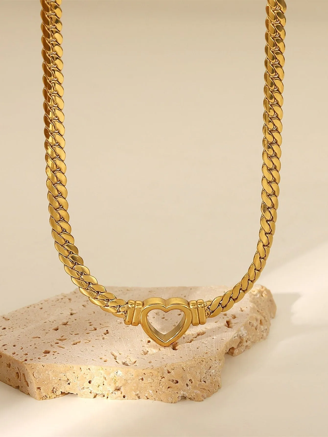 2pcs/Chain Necklace With Heart Pendant & Bracelet Jewelry Set - Gold