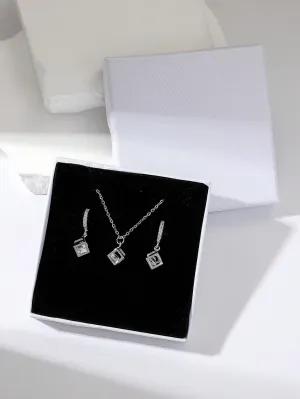 3pcs Square Shaped Cubic Zirconia Earrings And Crystal Pendant Necklace- FD ⚡