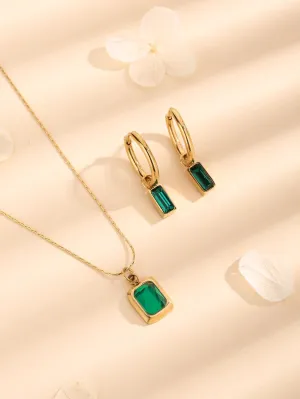 3pcs/set Green Cubic Zirconia Pendant Necklace & Earrings