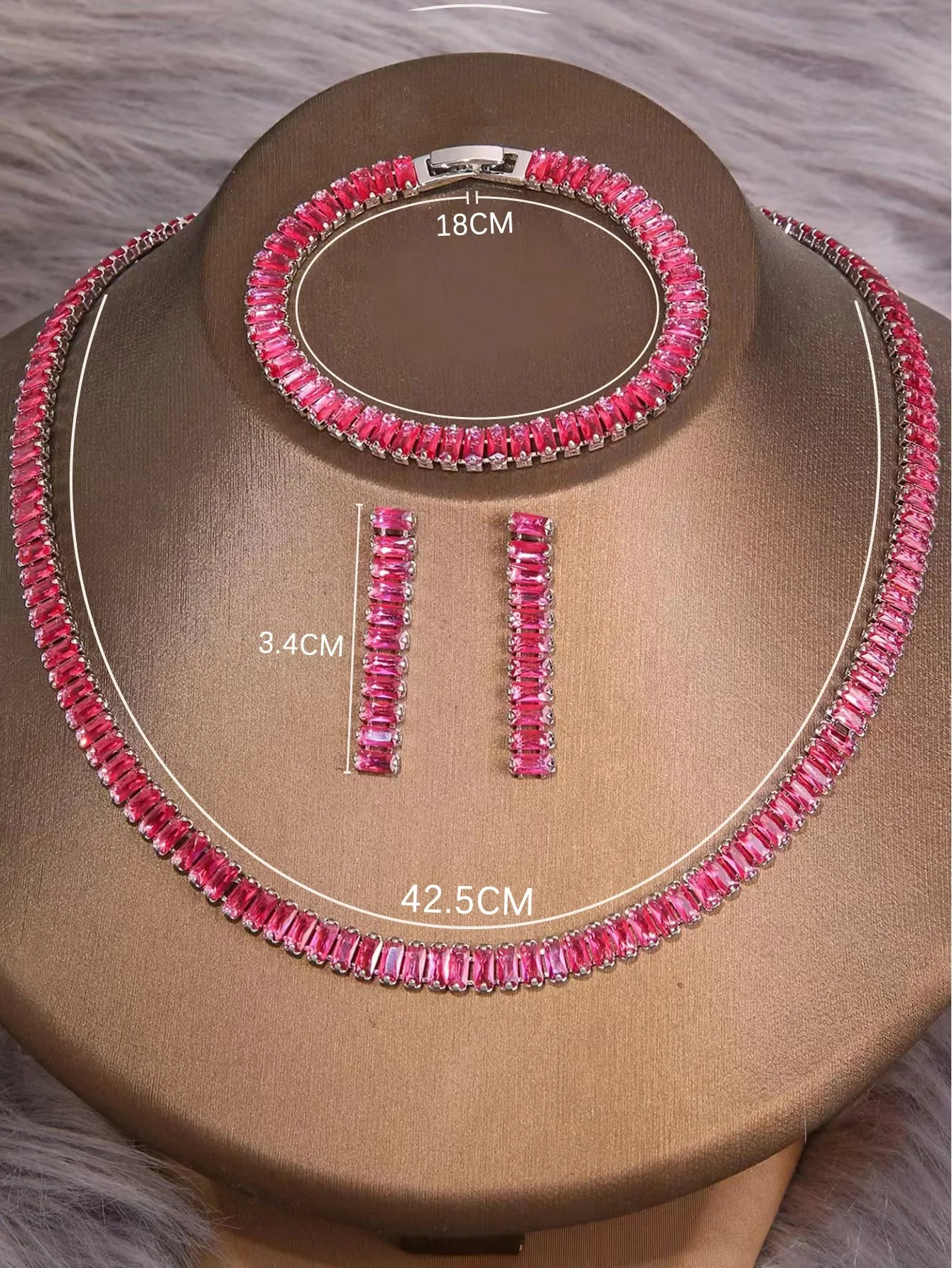 3pcs/set Rhinestone Decor Necklace, Bracelet & Earrings - Hot Pink