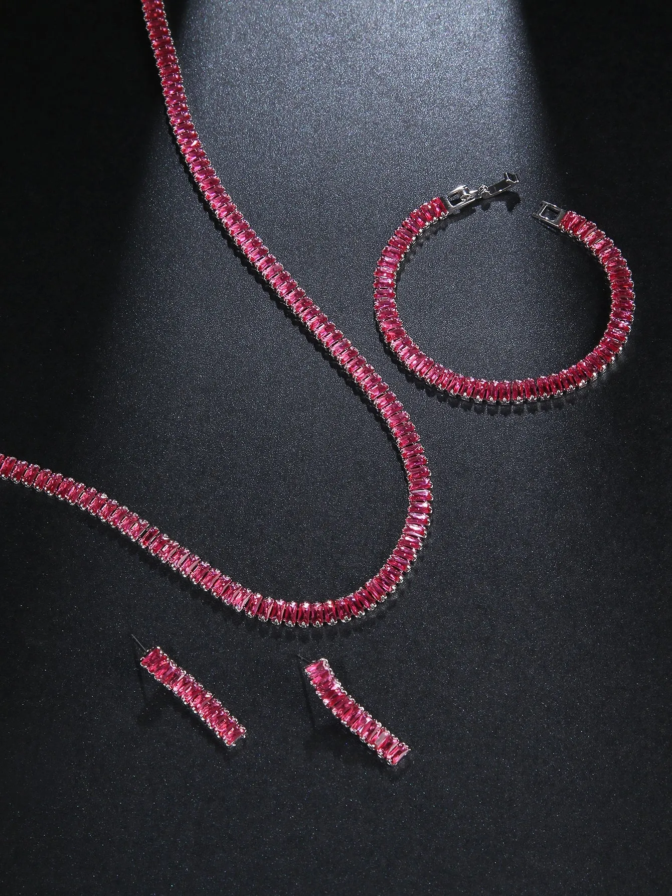 3pcs/set Rhinestone Decor Necklace, Bracelet & Earrings - Hot Pink