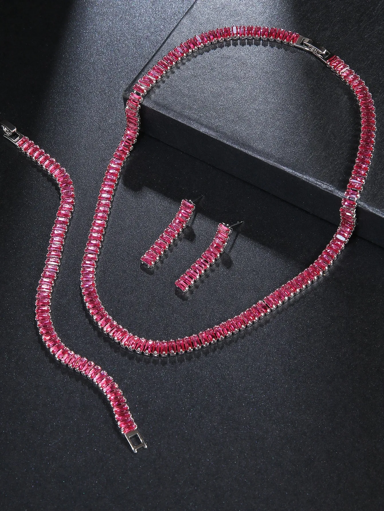 3pcs/set Rhinestone Decor Necklace, Bracelet & Earrings - Hot Pink
