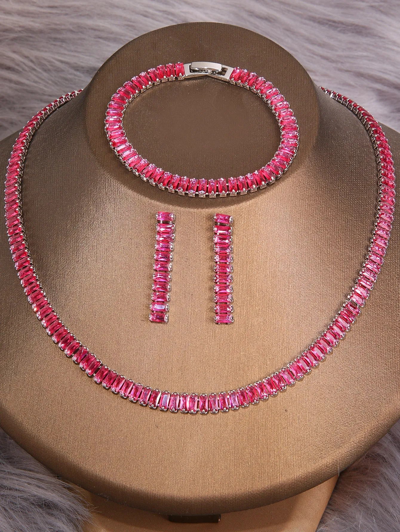 3pcs/set Rhinestone Decor Necklace, Bracelet & Earrings - Hot Pink