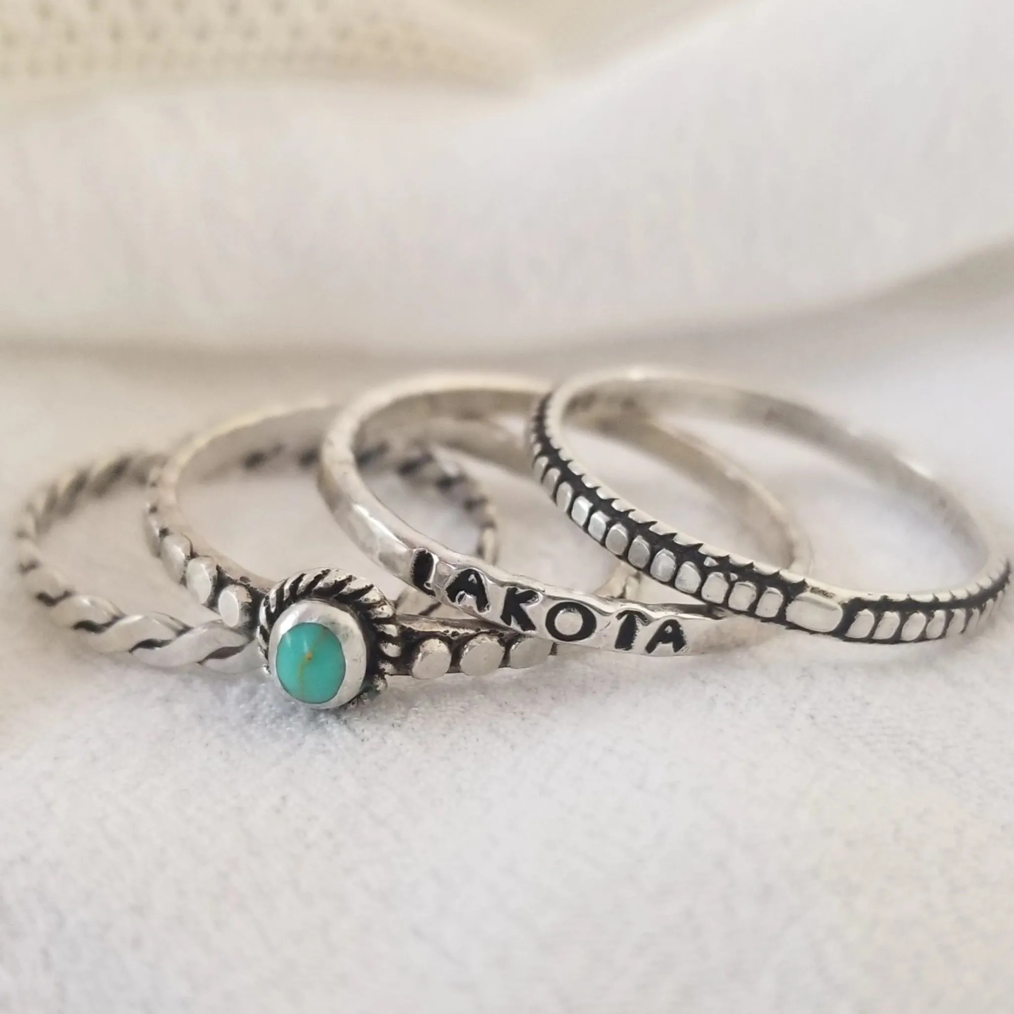 4pc Stacking Name and Turquoise Ring Set - Sterling Silver