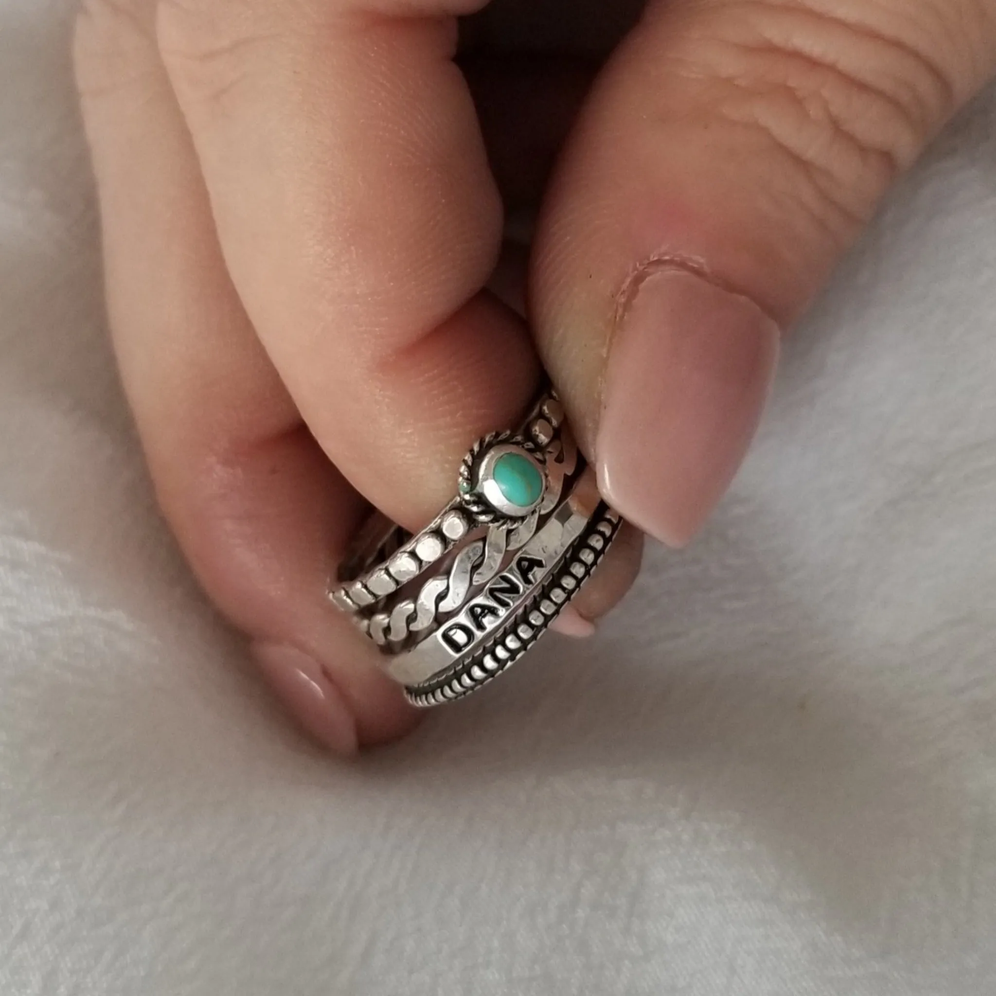 4pc Stacking Name and Turquoise Ring Set - Sterling Silver