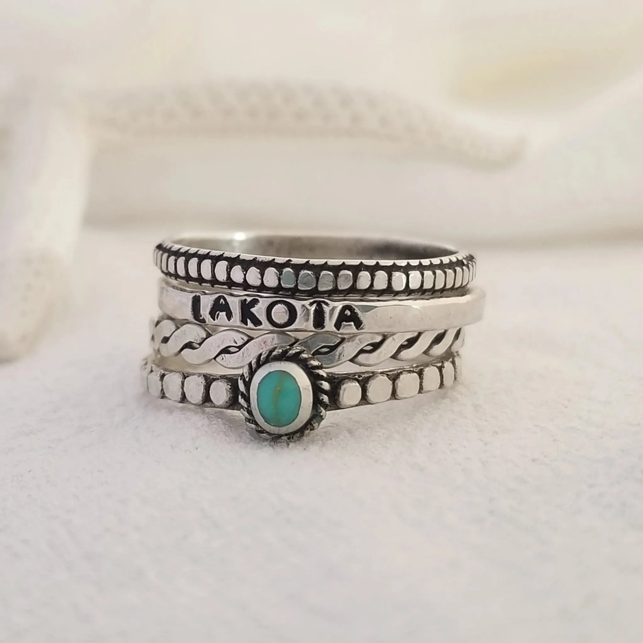 4pc Stacking Name and Turquoise Ring Set - Sterling Silver
