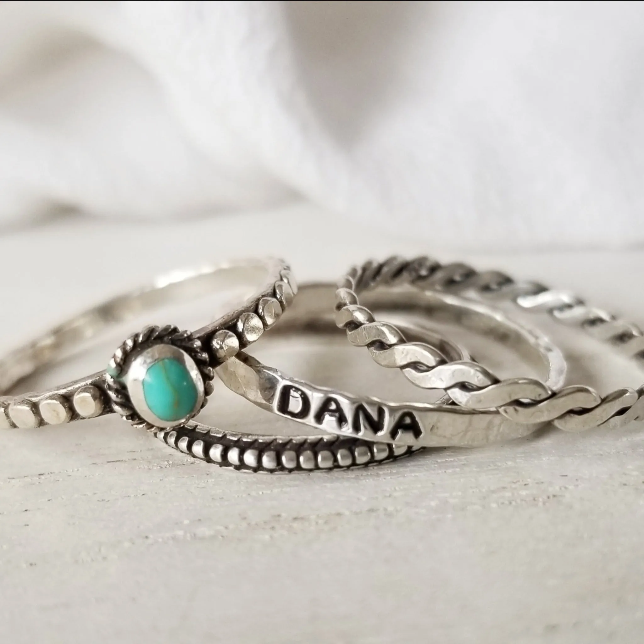 4pc Stacking Name and Turquoise Ring Set - Sterling Silver