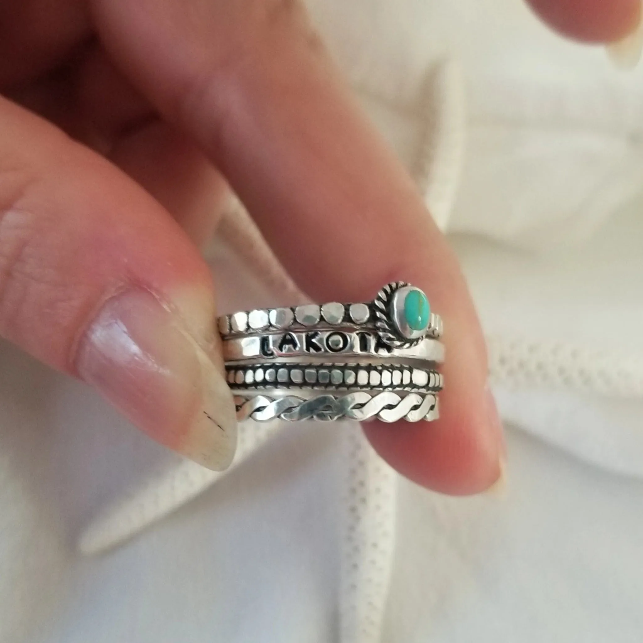 4pc Stacking Name and Turquoise Ring Set - Sterling Silver