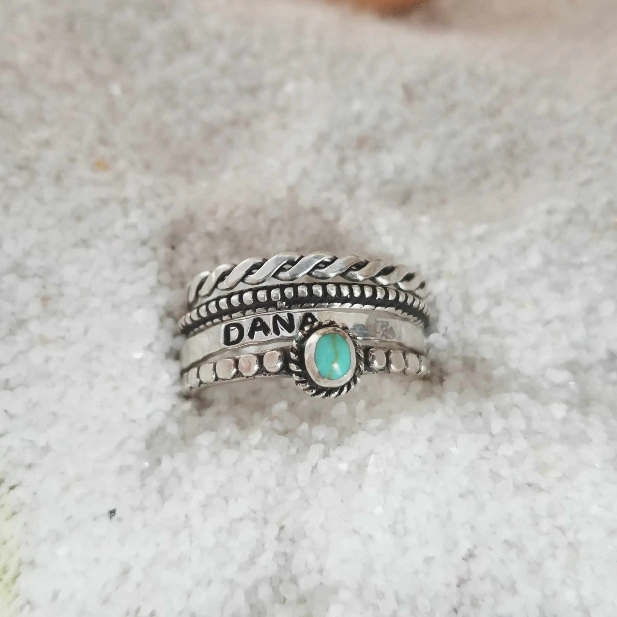 4pc Stacking Name and Turquoise Ring Set - Sterling Silver