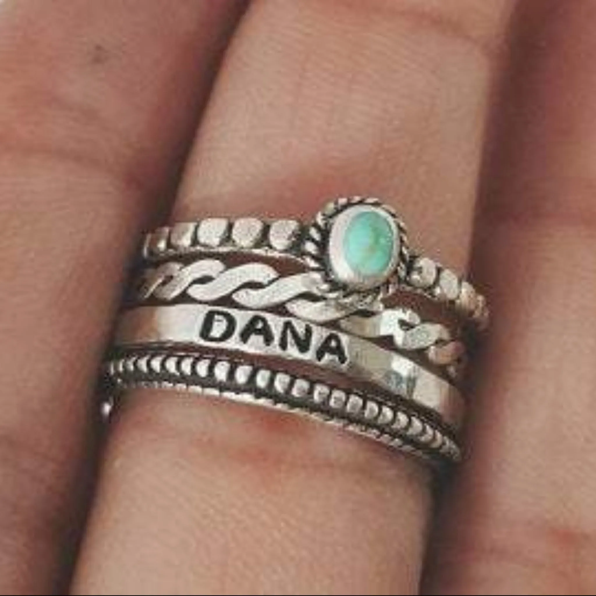 4pc Stacking Name and Turquoise Ring Set - Sterling Silver