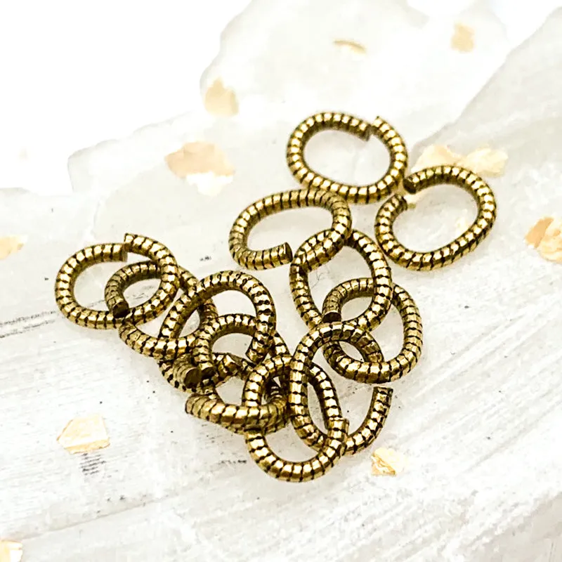 6mm Textured Antique Gold Oval Jump Ring Set - 12pcs