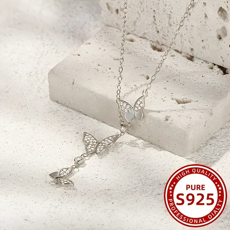 925 Silver Butterfly Mosaic Y Necklace Set for Party Vacation Beach Wear