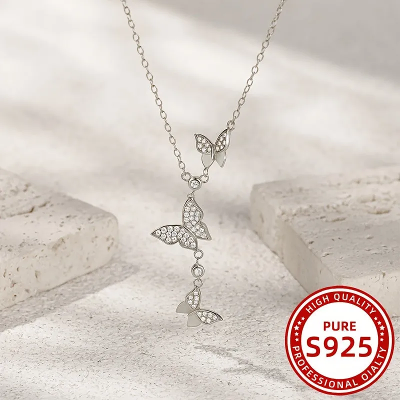 925 Silver Butterfly Mosaic Y Necklace Set for Party Vacation Beach Wear