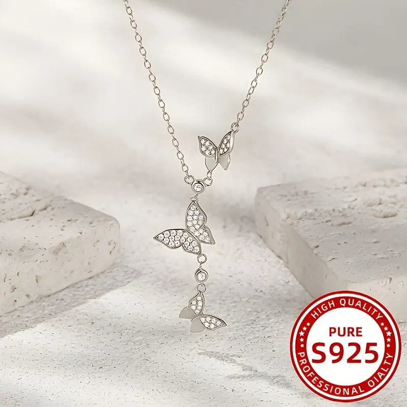 925 Silver Butterfly Mosaic Y Necklace Set for Party Vacation Beach Wear