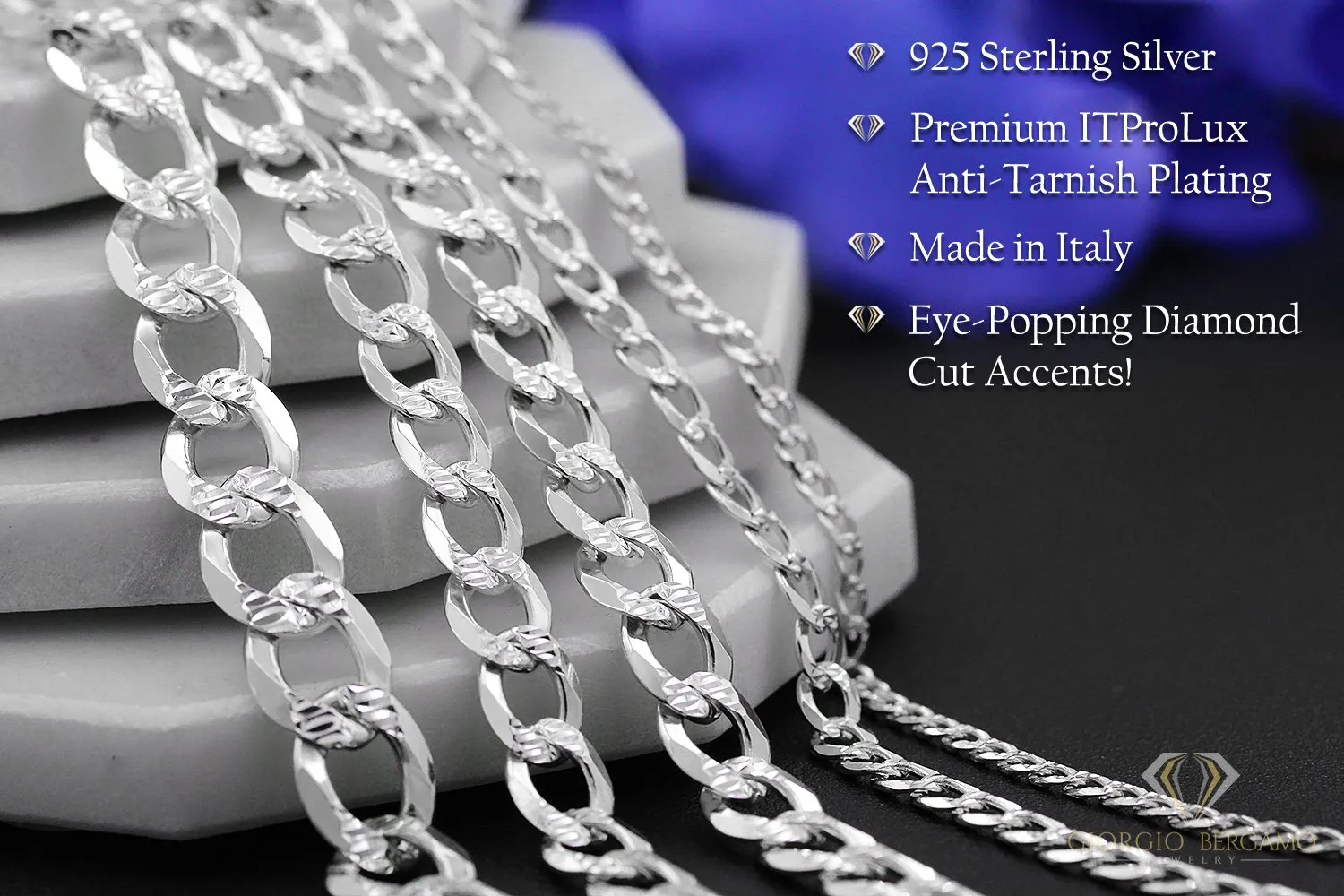925 Sterling Silver 4mm Solid Cuban Diamond Cut Pave Curb Link Bracelet