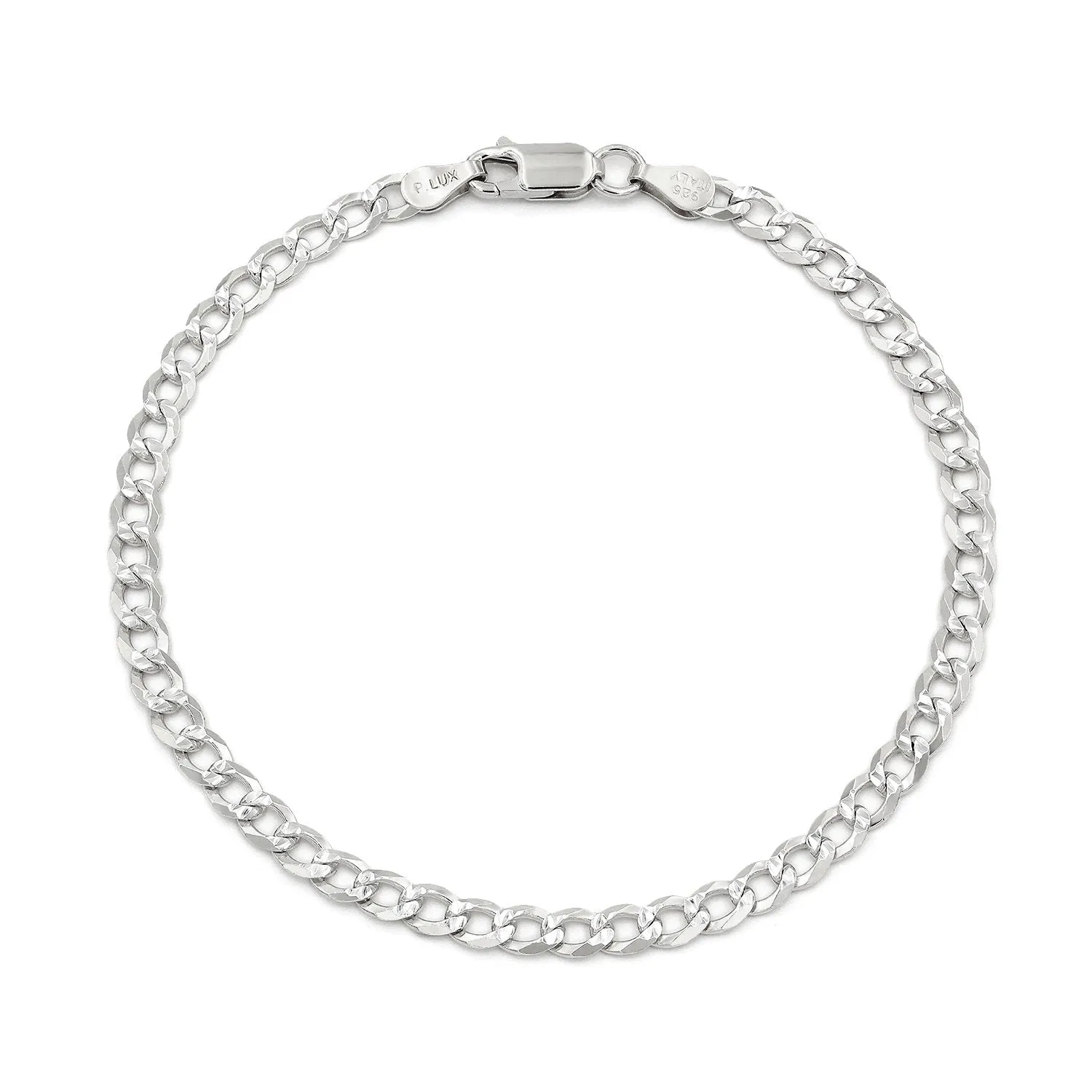 925 Sterling Silver 4mm Solid Cuban Diamond Cut Pave Curb Link Bracelet