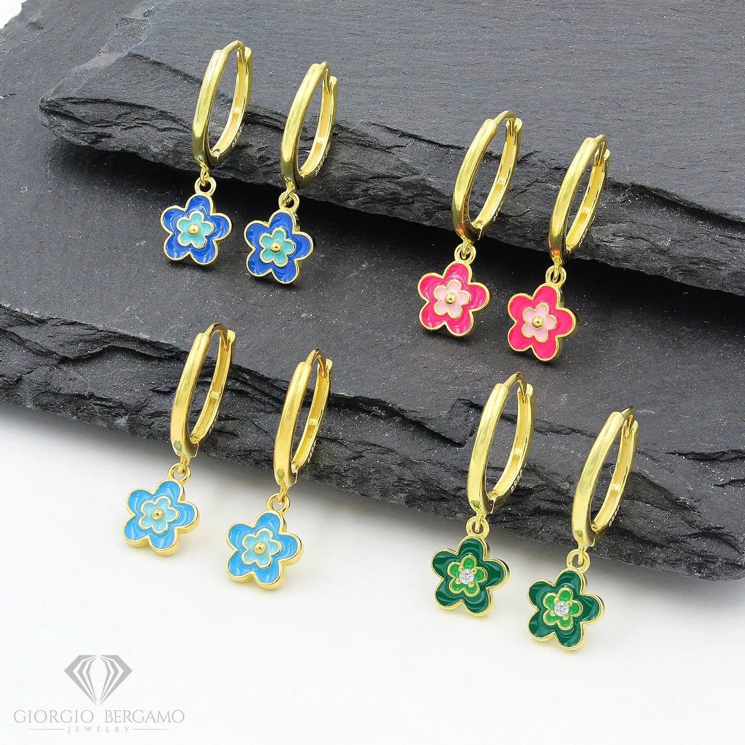 925 Sterling Silver Gold Plated Enamel Flower Minimalist Dangle Drop Earrings
