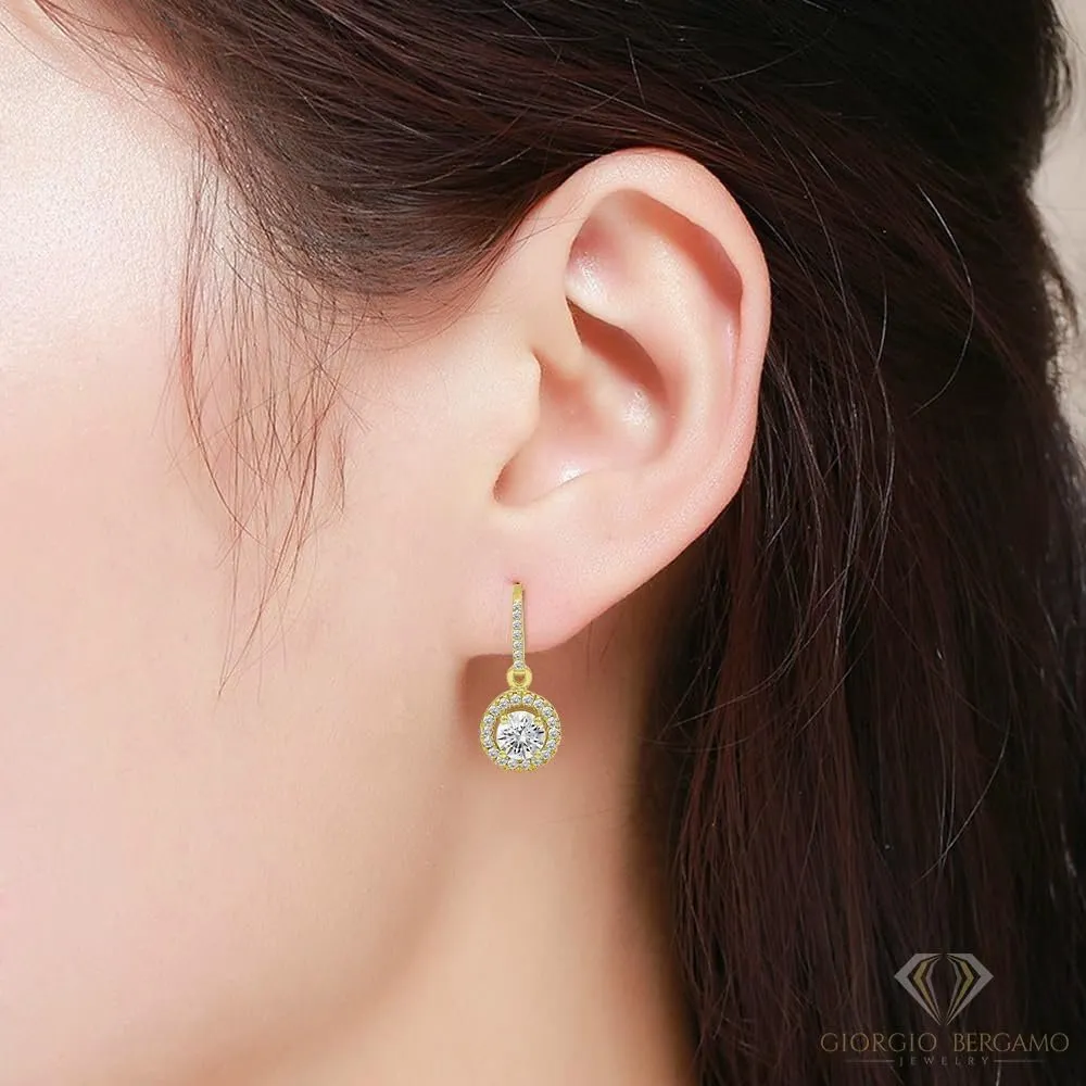 925 Sterling Silver Gold Plated Round Halo Dangle Drop Earring