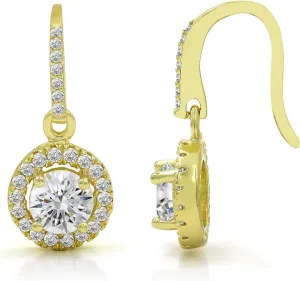 925 Sterling Silver Gold Plated Round Halo Dangle Drop Earring